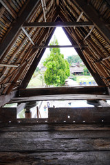Triangle view of outdoor garden from the wooden Batak pavilion.
