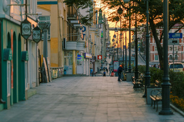 Vladivostok, RUSSIA - Central Street of Vladivostok. Deserted streets of Vladivostok at dawn hour.