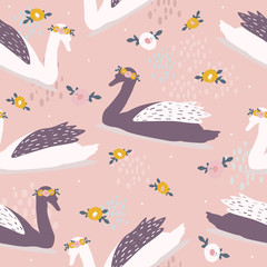 Cotton fabric Swans, flowers, seamless pattern vector. Hand drawn overlapping backdrop. Colorful background with birds. Decorative wallpaper, good for printing