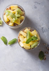 Homemade yogurt parfait with granola, kiwi fruit, pineapple and nuts in a glass for healthy breakfast on concrete background
