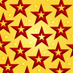 Red volumetric stars on a yellow background. Abstract vector background.