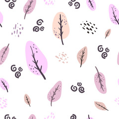 Seamless patern, illustration with leaves of different shapes and colors on a white background. Design for fabric, wallpaper.