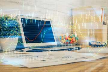 Multi exposure of forex chart and work space with computer. Concept of international online trading.