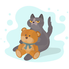 Funny gray cat. A cat with a serious look. A chubby cat sits funny with a teddy bear in its paws. Good for designer cards or t-shirts. Vector illustration.