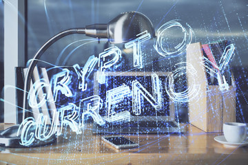 Double exposure of blockchain theme hologram and table with computer background. Concept of bitcoin...