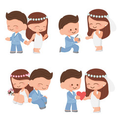 cute cartoon wedding couple in blue suit and dress collection on white  background isolated EPS10 vector illustration