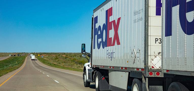 Fedex truck on the highway. New Mexico US.