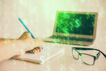 Multi exposure of man hands with stock market forex graph.