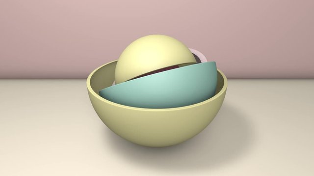 3D animation of hemispheres that mutually move, rotate, opening the content-sphere.