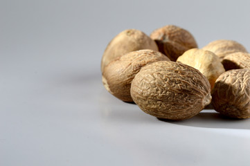 Close up of Nutmeg on a gray background