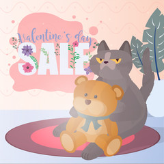 Valentine's day sale. Valentine's Day celebration. Flower font. Funny cat and teddy bear. A plush toy with a basket of flowers. Concept for the day of lovers.
