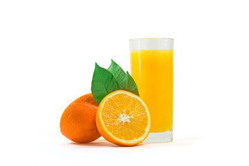 A cup of orange juice and cut orange on  white background.