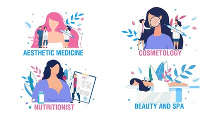 Obraz premium Women Health Care and Treatment People Scene Set. Cartoon Ladies and Doctors Cosmetologist, Nutritionist Consultation. Face Sking Beauty. Body Care and Relax. Aesthetic Medicine. Vector Illustration
