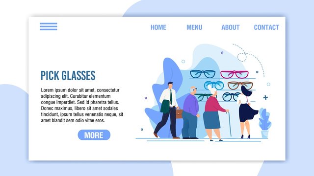 Pick Glasses Service for Pensioner and Adults Flat Landing Page. Cartoon People Characters Choosing Eyewear. Myopia and Hyperopia Correction. Ophthalmology Internet Store. Vector Illustration