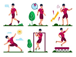 Fototapeta na wymiar Outdoor Activities and Workouts Types for Healthy Life Trendy Flat Vector Concepts. Man in Sportswear Roller-Skating, Walking, Stretching, Pulling Up on Crossbar, Jumping on Trampoline Illustrations