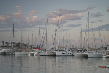 Fototapeta na wymiar Luxury power boats in the Royal Marina in Valencia Spain, some moored,others sail on the sea. The city of Calpe in Spain, Valencia, Europe, in the cloudy evening 