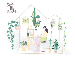 Girl spending time at greenhouse or home gardens. Urban jungle, trendy illustration with home decor, plants, woman planter, cacti, tropical leaves, house flowers. Young woman take care of plants