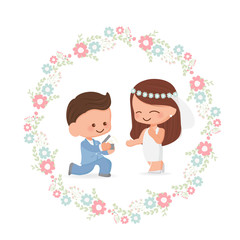 cute wedding couple in flower wreath flat style for valentine's day or wedding card eps10 vectors illustration