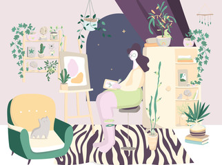 Girl spending time at pinkhouse or home gardens. Urban jungle, trendy illustration with home decor, plants, woman planter, cacti, tropical leaves, house flowers. Young woman take care of plants
