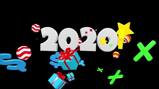 2020 New Year motion graphics video footage, Text title animation render with colorful, 3D CGI Compositing process, 4k Ultra HD 3840x2160, RGB with Alpha matte.