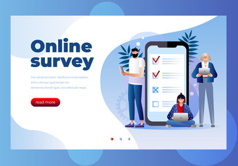 online survey vector illustration concept, people filling online survey form on gadgets, to do list paper note. Can use for landing page template, ui, web, homepage, poster, banner, flyer