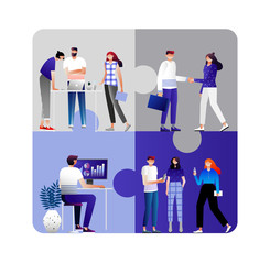 Team metaphor. Business concept. people connecting puzzle elements. Vector illustration flat design style. Symbol of teamwork, cooperation, partnership.