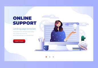 Concept customer service, hotline operator advises client for web page, banner, presentation, social media. Online global technical support 24\7. Vector illustration. Landing page template