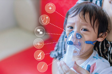 Patient boy use Nebulizer mask in hospital and Healthy Icon. Show icon medical network connection .