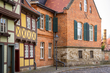 View into a small alley in the old town of Quedlinburg.