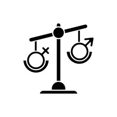 Hormone imbalance glyph icon. Female and male gender sign on scale. Unbalanced seesaw. Disbalance in testosterone and estrogen. Silhouette symbol. Negative space. Vector isolated illustration