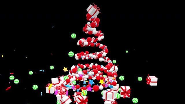 Christmas tree of gifts appearing, Merry Christmas and Happy New Year 2020 animation, 3D CGI Compositing process, 4k Ultra HD 3840x2160, RGB with Alpha matte.
