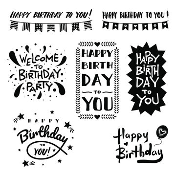 Set of Happy Birthday hand drawn typography designs. Handwritten lettering. Design element for greeting cards, banner, print with lettering typography text isolated on white background.