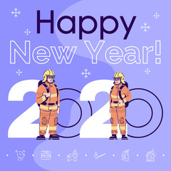 Fototapeta premium Profession social media post mockup. Happy new year 2020 phrase. Web banner design template. Firefighters in protective wear booster, content layout, inscription. Poster, print ads, flat illustration