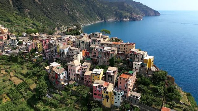 Drone shot of colourful houses in Corniglia Village along Italian Riviera, Cinque Terre