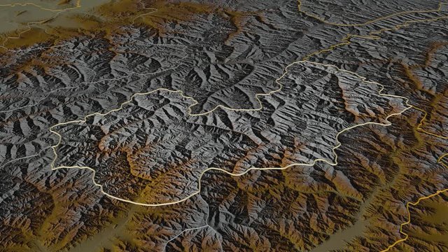 Nuristan, province with its capital, zoomed and extruded on the relief map of Afghanistan in the conformal Stereographic projection. Animation 3D