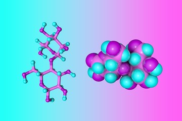 Molecular structure of maltose or malt sugar, a disaccharide formed from two units of glucose. Scientific background. 3d illustration