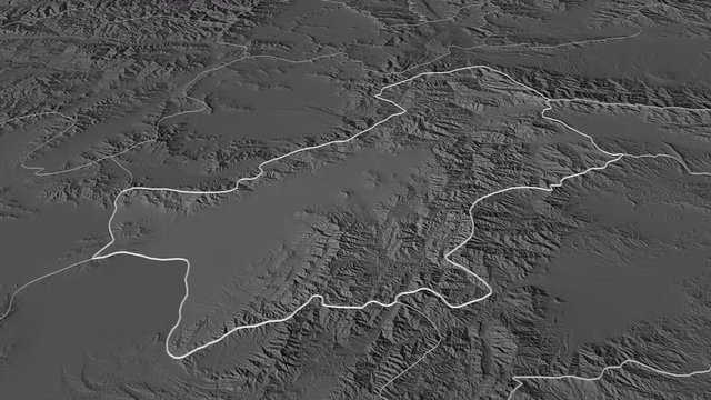 Paktia, province with its capital, zoomed and extruded on the bilevel map of Afghanistan in the conformal Stereographic projection. Animation 3D