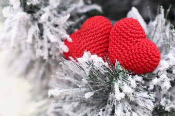 Fototapeta premium Christmas hearts, Valentine's day card, two red knitted symbols of love in the snow on fir branches. Background for romantic event, New Year celebration, or winter weather