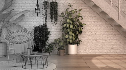 Architect interior designer concept: unfinished project that becomes real, lounge, armchair, table, parquet, staircase. Brick wall, industrial interior design. Potted plants