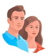 Obraz premium Young beautiful couple. Portrait of a man and woman. Confidently and purposefully look forward. Vector isolated illustration.