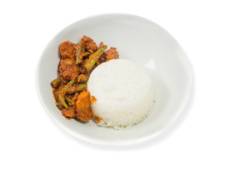 Stir Fried Pork Belly with Chili Paste and Vegetables on a white background,with clipping path