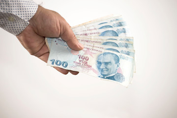 The man is counting turkish lira banknote - obrazy, fototapety, plakaty