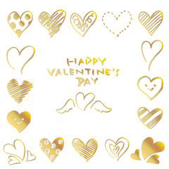 手書きのハートの素材セット　ゴールド