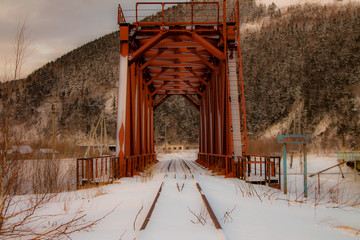 Red bridge in winter