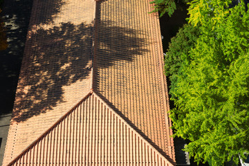 Aerial view of red tiled roof with trees.
