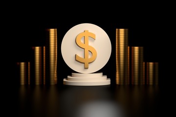 Large golden dollar sign on white pedestal with stacks of golden coins on black background