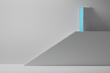 Concept of putting effort, overcoming obstacles and climbing up. White interior height stairs leading to an opened door with blue light