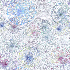 Sea jellyfish seamless pattern Water, ,pebbles, sea foam.Watercolor graphic art texture for use in Fashion design,fabric,home design, tiles,wallpaper.White blue,yellow,lilac,emerald, dark blue colors