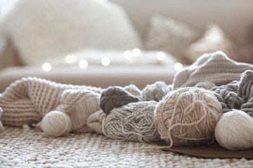 Home Hobbies, knitting threads on the table.