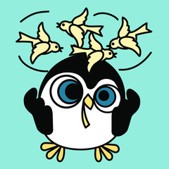 cartoon emoticon with a stunned, discouraged, bumped penguin, with birds circling over his head, color simple clip-art on an blue isolated background